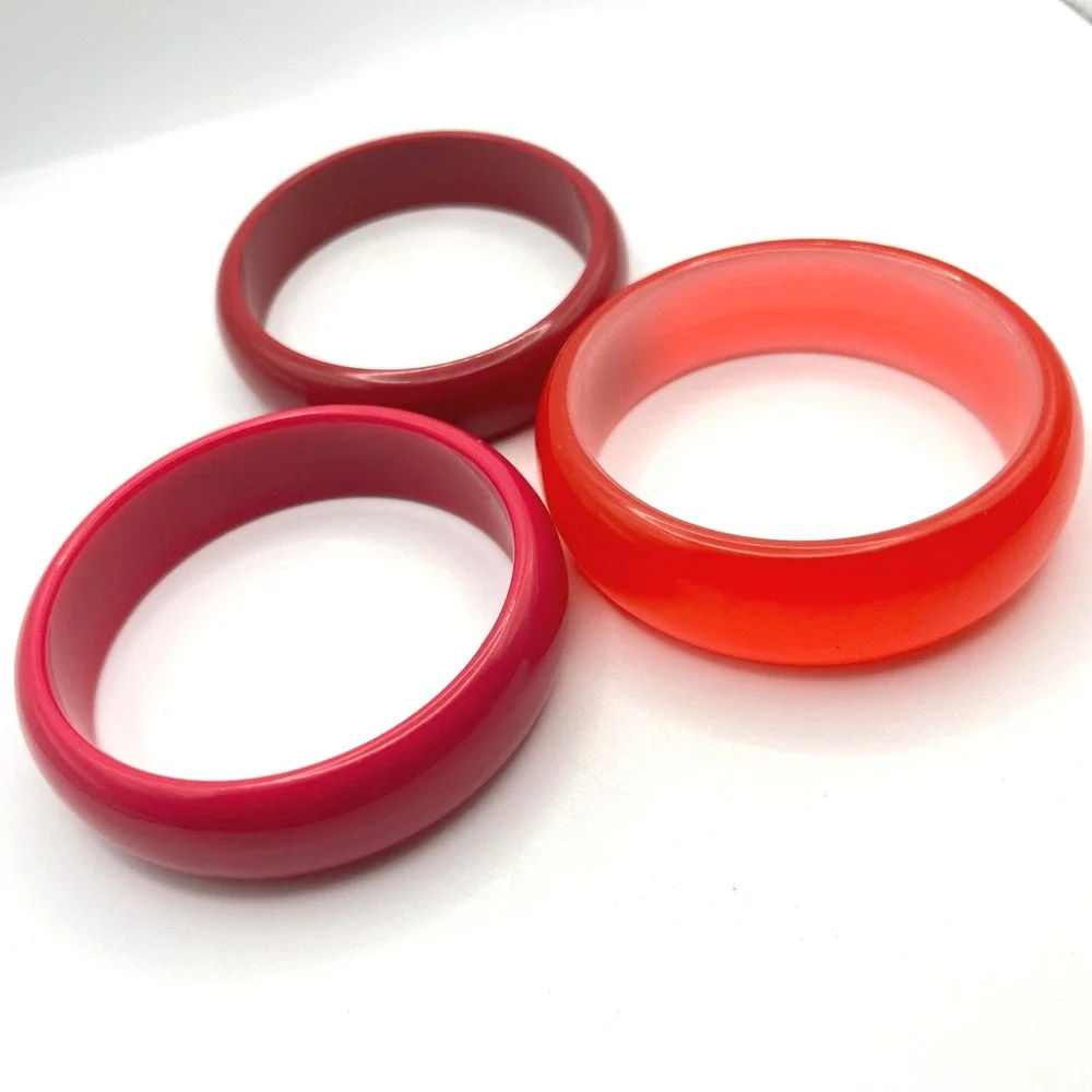 Set of 3 Red Chunky Dome Bangle Bracelets Resin Acrylic Stackable Retro Style